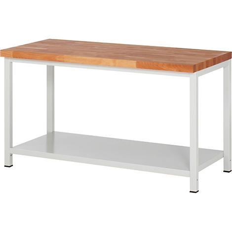 Workbench with wooden top and white metal frame.