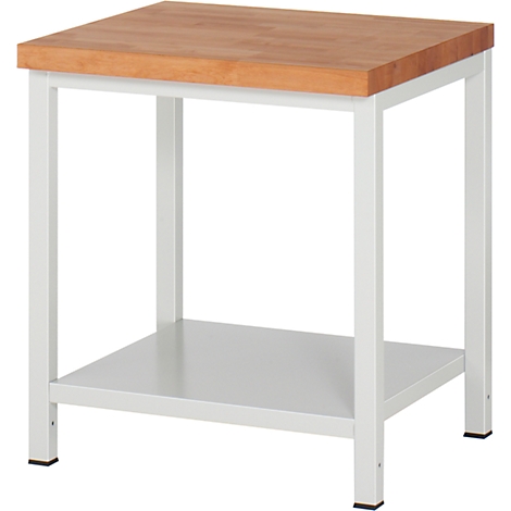Square side table with light brown wooden top and white metal frame. Below is a shelf.