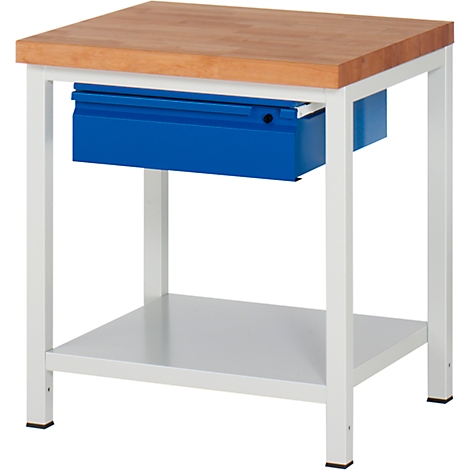 Workbench with wooden top, blue compartment and metal frame.
