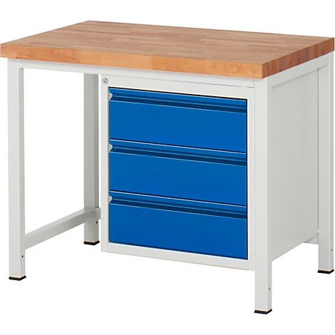 Workbench with wooden top, white frame and blue drawers.