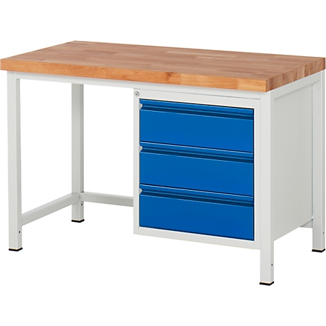 Workbench with wooden top, white metal frame and blue drawers.