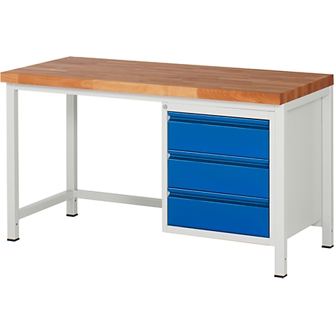 Workbench with wooden top, white frame and blue drawers.