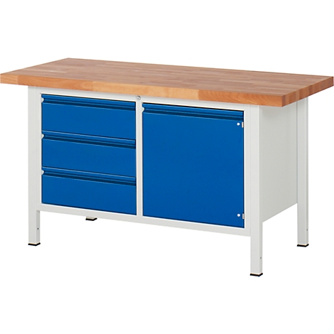 Workbench with wooden top, blue drawers and cabinet door, white frame.