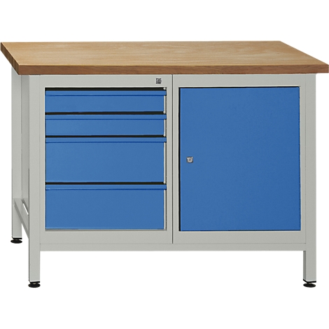 Workbench with blue drawers and cabinet. Wooden worktop.