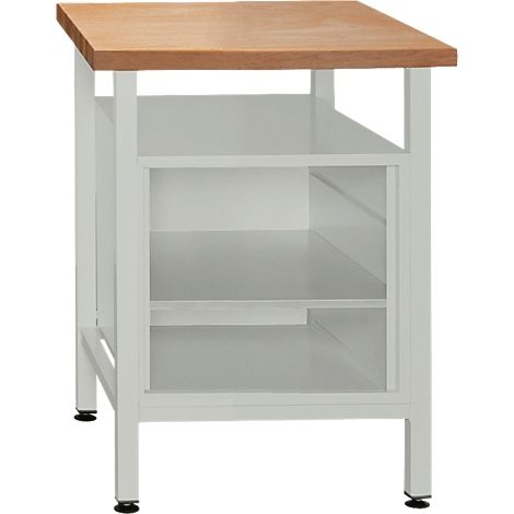White kitchen work table with wooden top and two shelves.