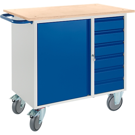 Blue and white workshop cart with wooden top, sliding door and drawers, on wheels.