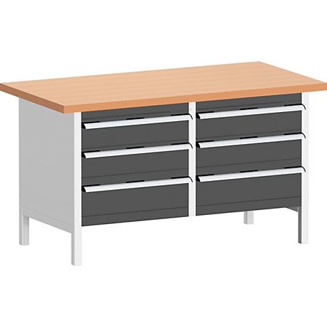 Workbench with light brown wooden top, six gray drawers, and white legs.