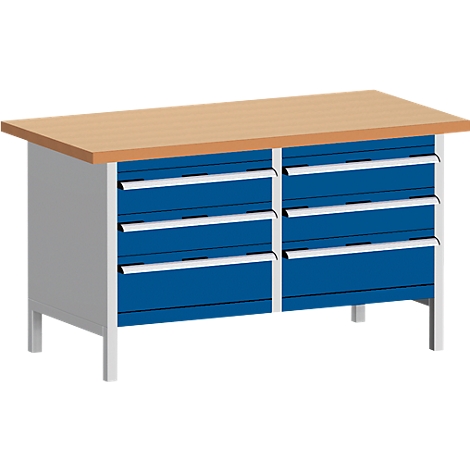 Workbench with wooden top, blue drawers, and silver handles.
