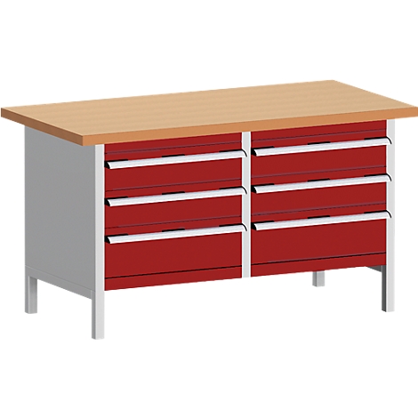 Workbench with red cabinet, light brown worktop and six drawers.