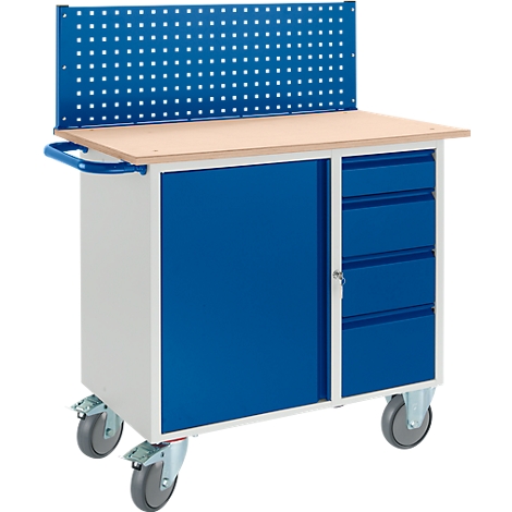 Blue workshop trolley with pegboard, wooden top and drawers. The trolley stands on wheels.