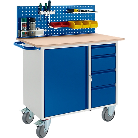 Tool cart with pegboard, blue door, drawers, and casters.