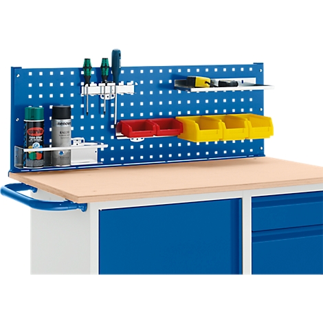 Workbench with pegboard, screwdrivers, yellow and red bins, and sprays. Blue, yellow, white and wood colors.