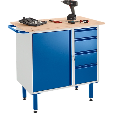 Workbench with blue doors and drawers, wooden worktop, tools.
