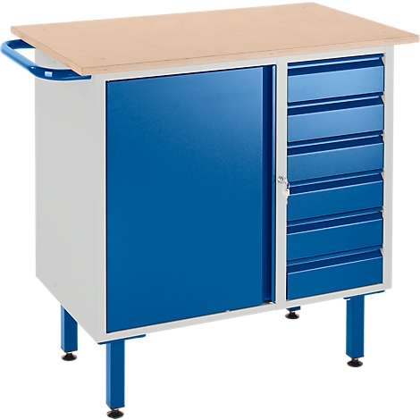 Workbench, light grey metal, blue doors and drawers, wooden top. Handle on the side, four blue legs with black feet.