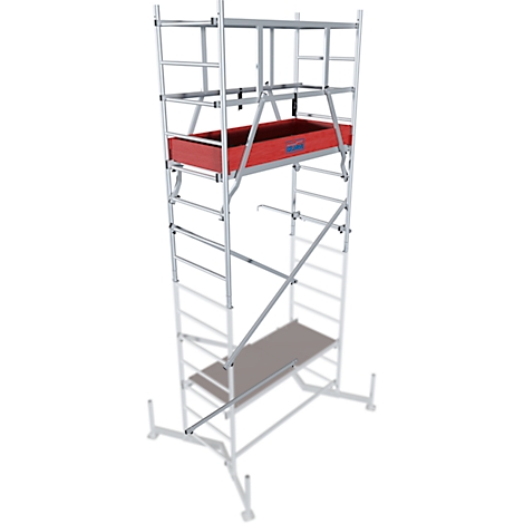 Scaffolding, silver, with red tray and brown work surface.