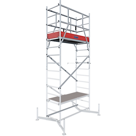 A tall metal scaffolding, with platform and red covering.