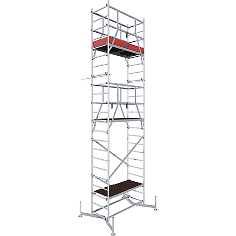 Silver metal scaffold. Several work platforms, red platform, ladder-shaped construction.