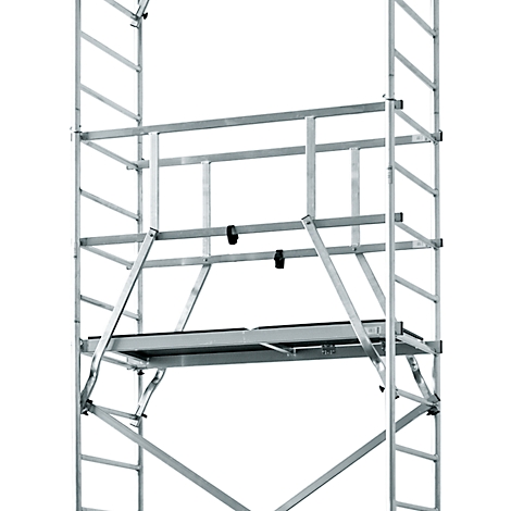 Silver scaffolding, platform with black surface, railing and struts.