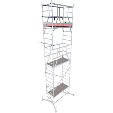 A silver scaffold with three platforms. The top platform has a red wooden floor.