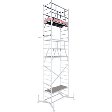 A silver scaffolding stands against a white background. A red plank is on the top platform.