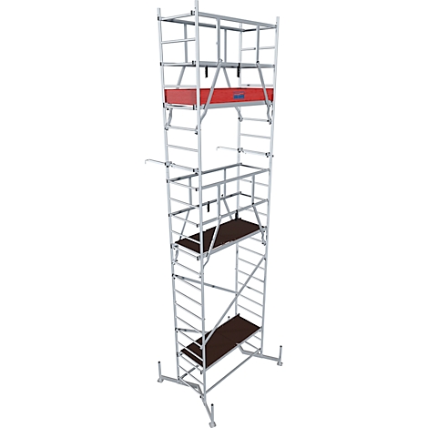 A tall, silver scaffold with red details. It has several platforms and a ladder.