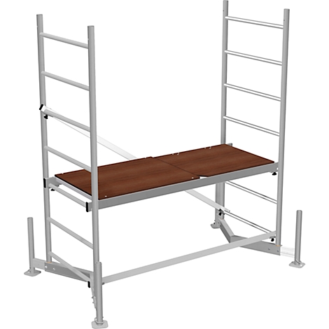 A silver scaffold with a brown work platform supported by ladders.