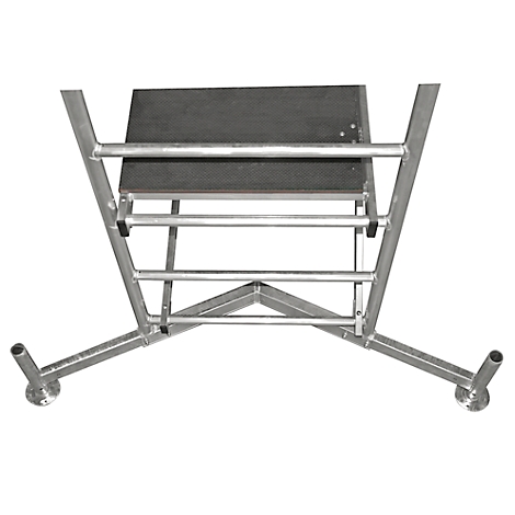 Top view of a silver, metal stepladder with a platform. The surface is made of wood. The ladder is constructed at an angle.