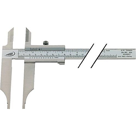 A silver caliper. Millimeters and inches are indicated on the scale. Text is shown on the right side of the ruler.