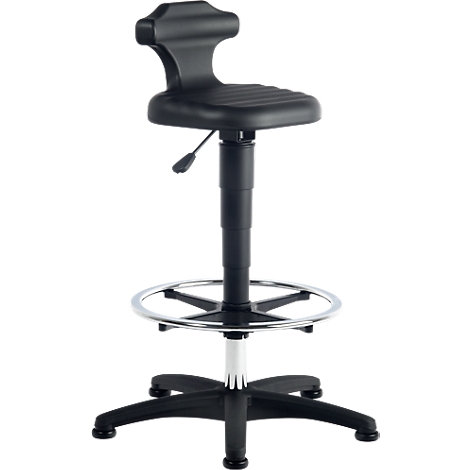 Black, adjustable height work stool with backrest and foot ring on a white background.