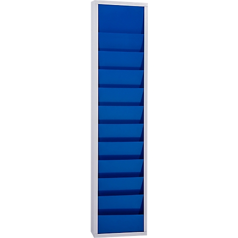A blue card holder with 12 compartments in a white frame. The compartments are arranged horizontally.
