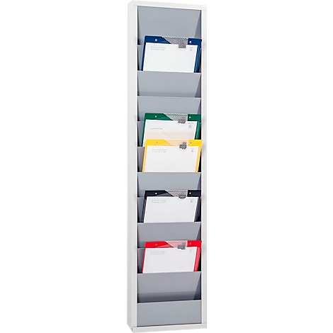 Gray wall organizer with colorful documents in different compartments.