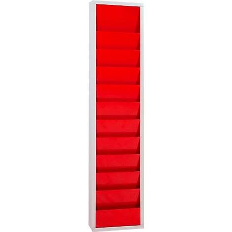 Narrow, elongated shelf with red shelves in a white frame.