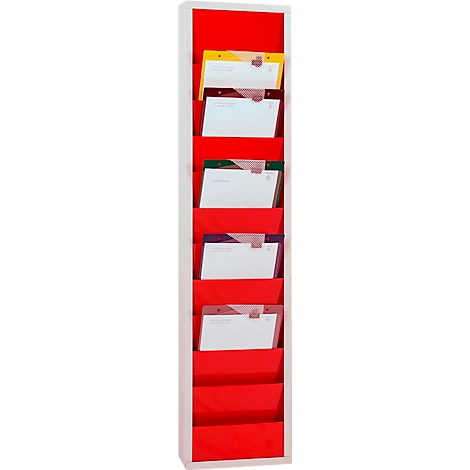White shelf with red compartments, filled with paper documents.