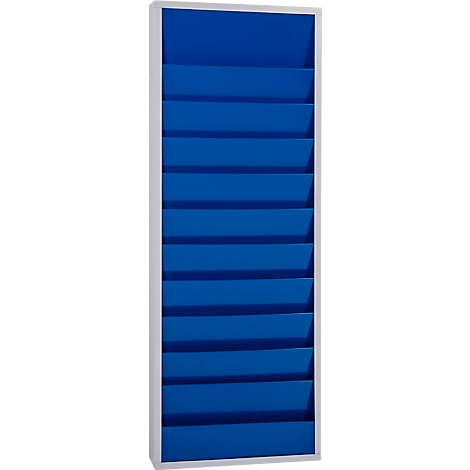 Blue wall calendar with multiple compartments, white bordered.