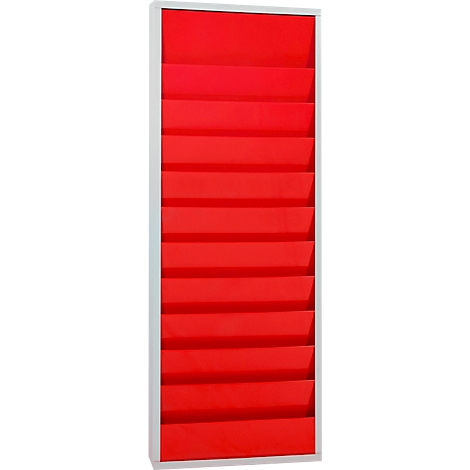 Red wall brochure holder with multiple compartments. Gray frame.