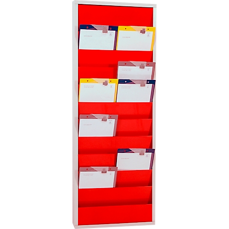A red wall-mounted rack with several compartments, filled with white cards with colored borders.