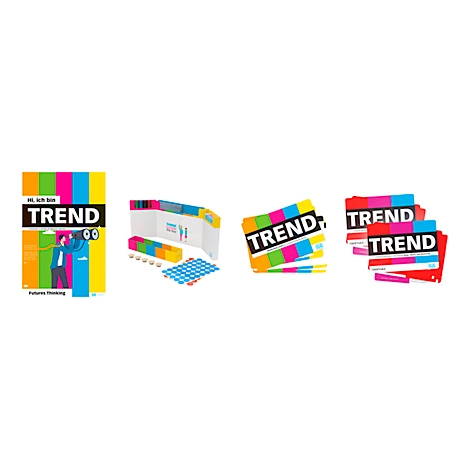 Différents produits avec le mot TREND, dans des designs colorés.