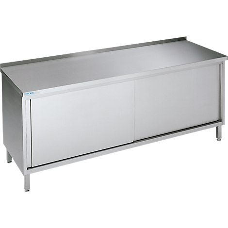 Stainless steel cabinet with sliding doors and worktop.