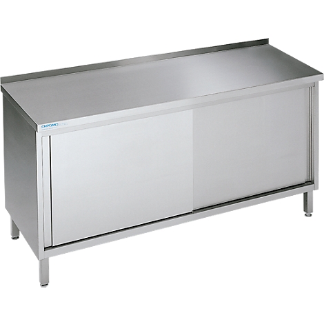 Stainless steel cabinet with sliding door, rectangular, on four short legs.