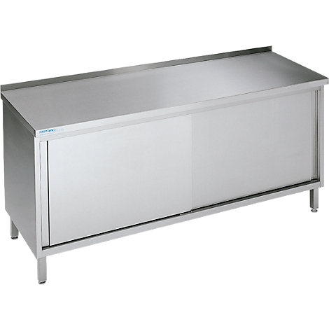 Stainless steel cabinet with sliding doors and worktop. Silver-colored, standing on four legs.