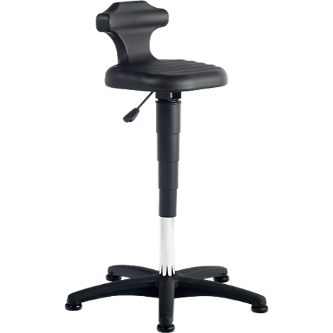 Black, height-adjustable work chair with backrest and 5-arm base.