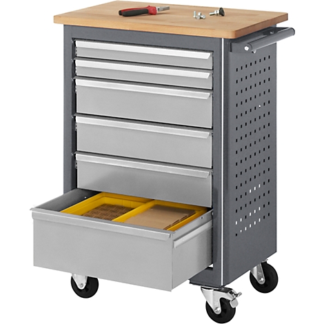 Tool cart with drawers and wooden top. One drawer is open. Tools are on the top.