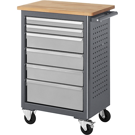 Tool cart with wooden top, drawers, and wheels.