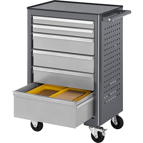 Grey tool cart with drawers. One drawer open, showing yellow inserts. Black wheels.