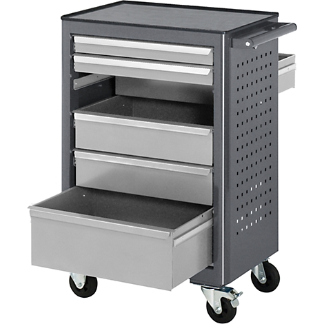 Grey tool cart with four drawers, one open drawer, and casters.