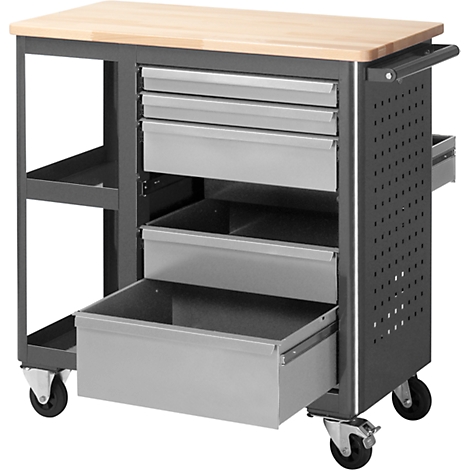 Tool cart with wooden top, metal drawers, and wheels.