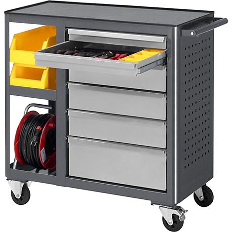 Tool cart with open drawer, yellow containers, cable reel, and tools. On wheels.