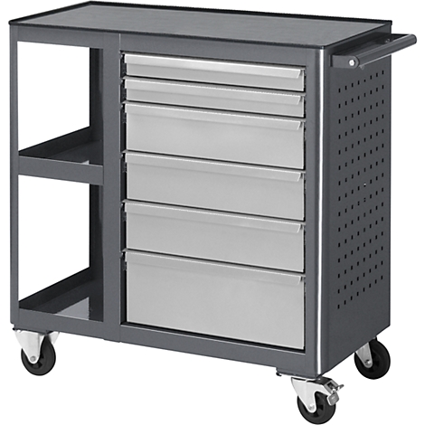 Gray tool cart with drawers and wheels. A shelf on top, a compartment on the side.