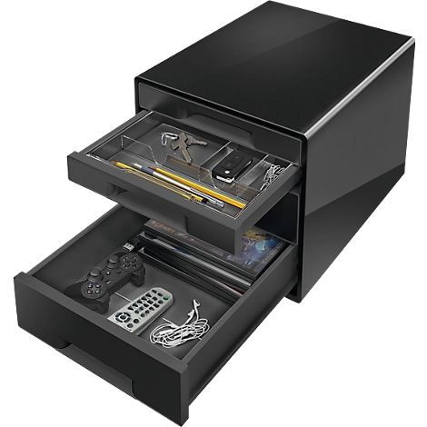 Black cabinet with open drawers. The upper drawer contains: keys, pens, smartphone. In the lower: controller, remote control, headphones.