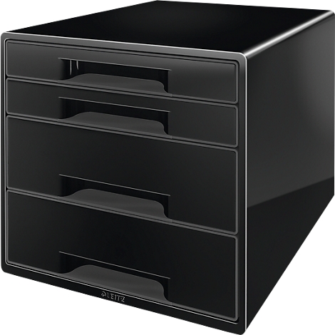 Black storage stack with four drawers with curved handles.